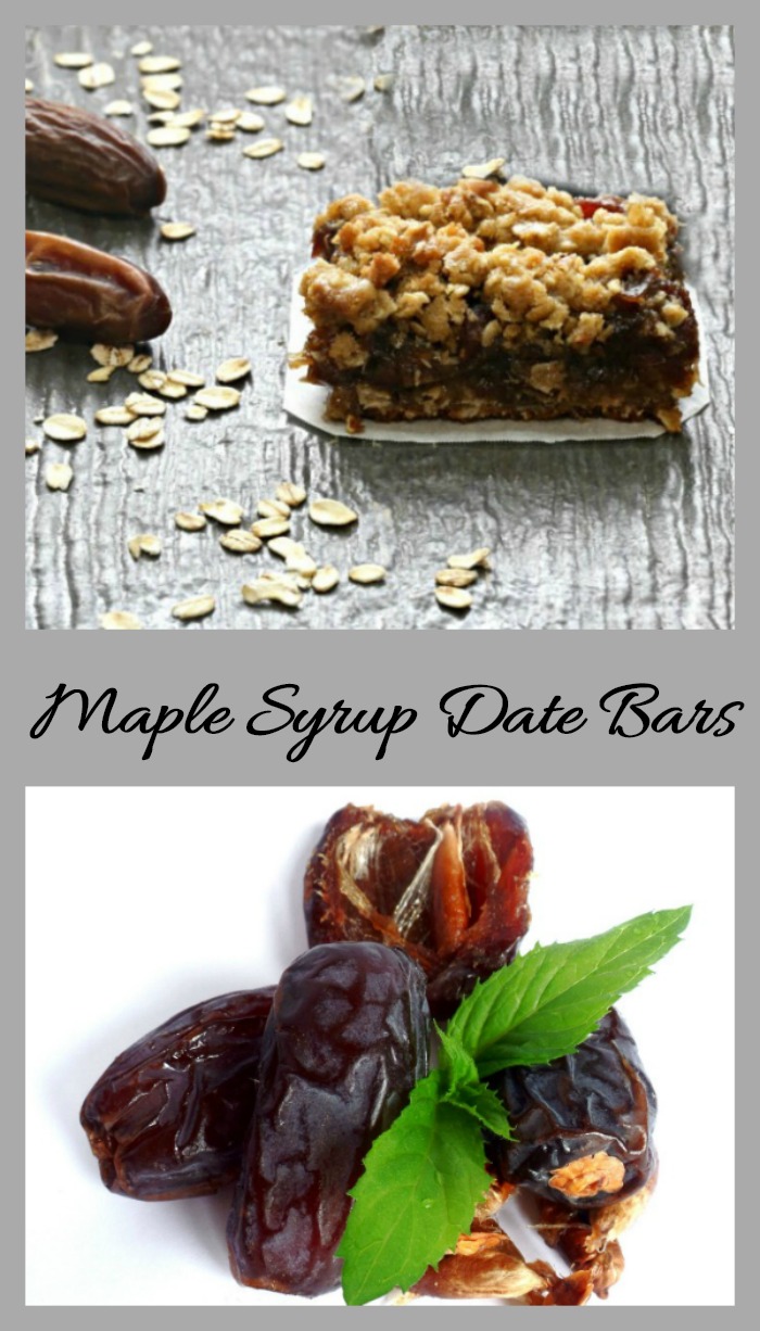 Date bars with oatmeal in a great background and dried dates with words reading Maple syrup date bars,