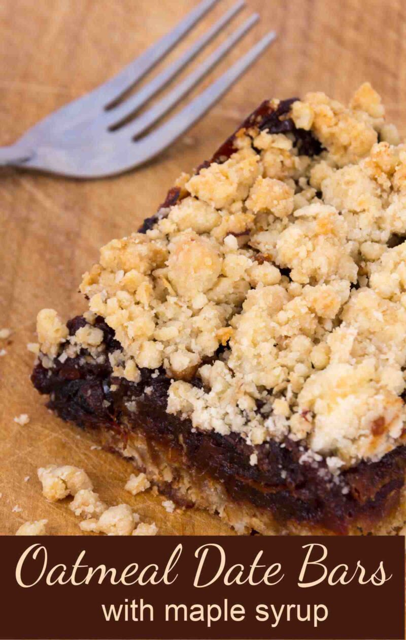 Date slices with a silver fork and words Oatmeal date bars with maple syrup.