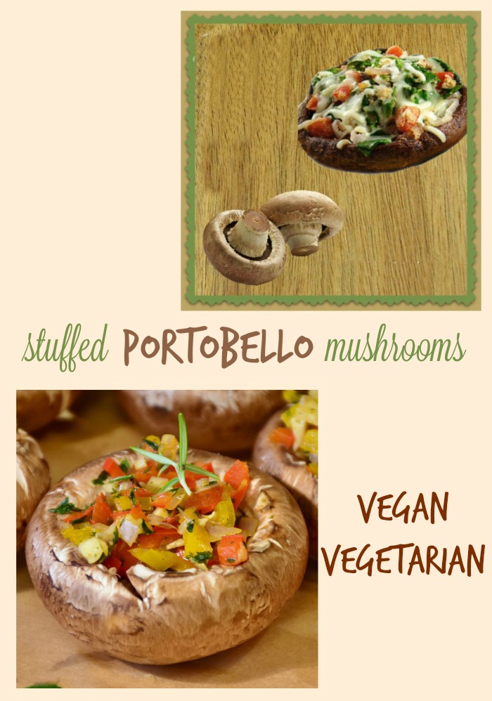 Stuffed portobello mushrooms with vegetables and words Vegan Vegetarian.