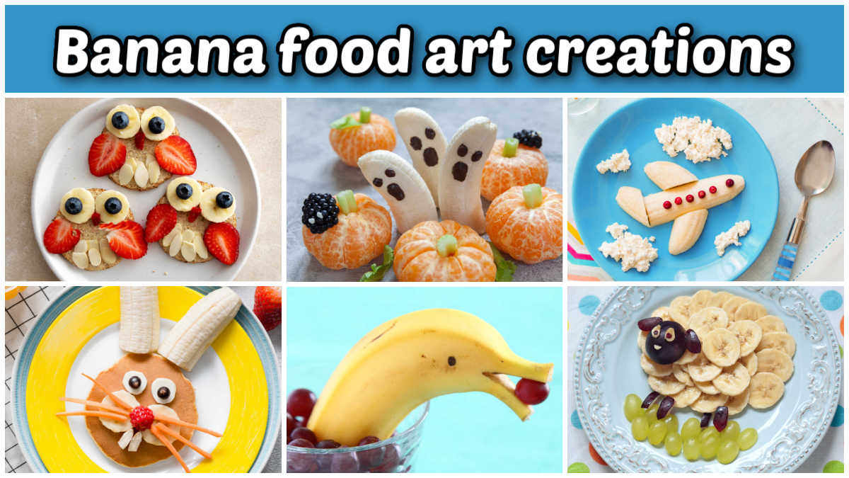 A collage with fruit owls, banana ghoses, a banana plane, a fruit pancake bunny, a banana dolphin and a banana and grape sheep. Blue text box reads Banana food art creations.