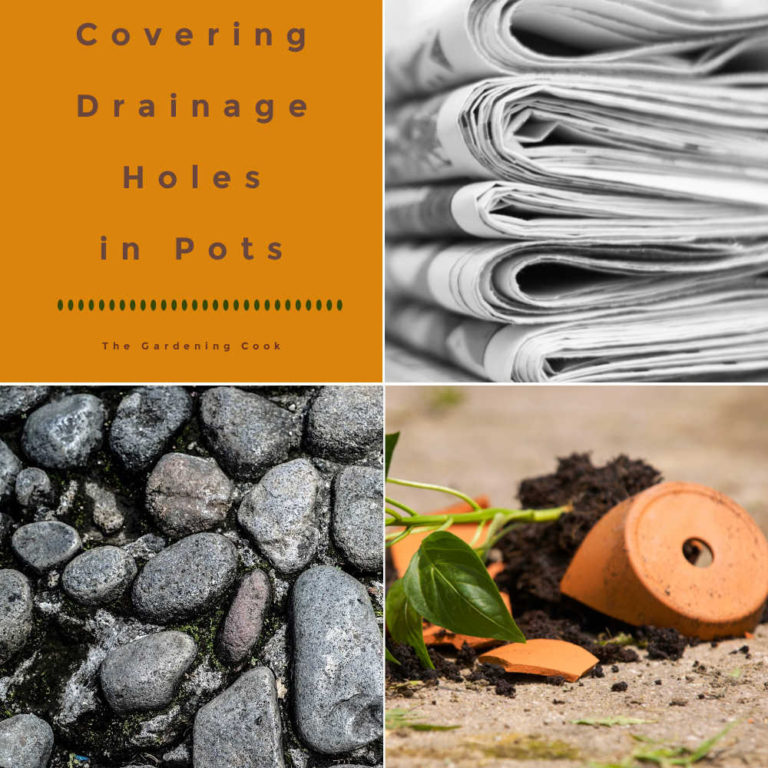 Newspaper, pebble rocks, broken terra cotta in a collage with words Covering Drainage Holes in Pots.