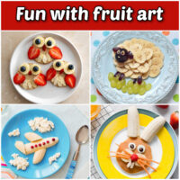A collage with plates featuring fruit owls, sheep, a banana plane and pancake banana bunny. Red text box reads Fun with fruit art.