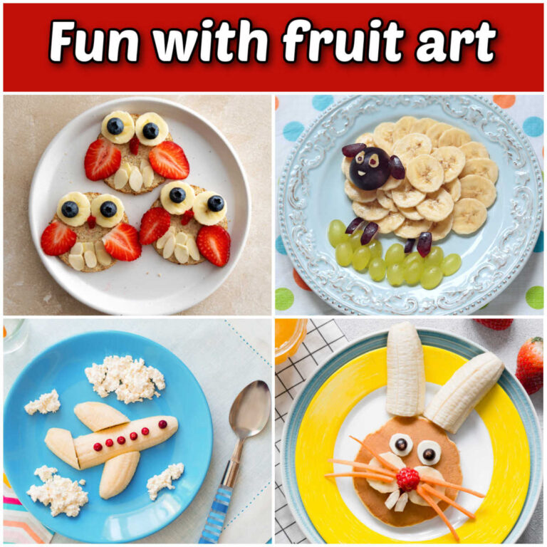 A collage with plates featuring fruit owls, sheep, a banana plane and pancake banana bunny. Red text box reads Fun with fruit art.