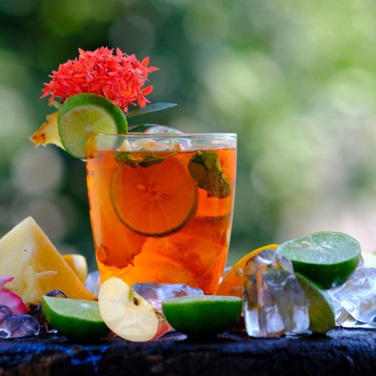 Earl Grey Malibu punch with fresh fruit.