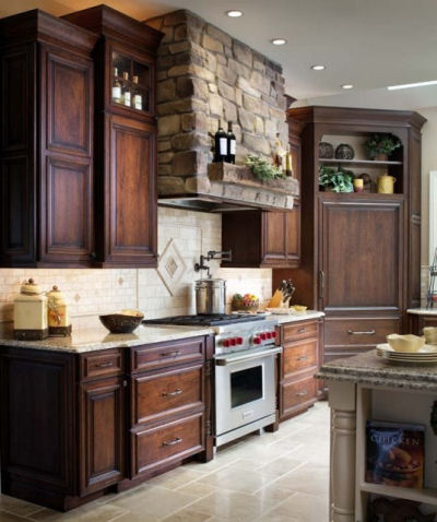 Dream kitchen with stone hood and wine shelf