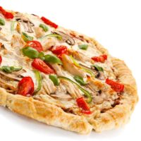 Pizza with chicken, artichokes, peppers and mushrooms.