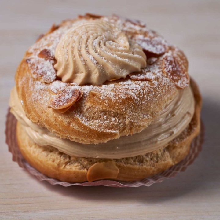 Mocha cream puffs with a coffee yoghurt filling.
