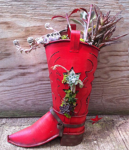 Cowboy boot planter and succulents.