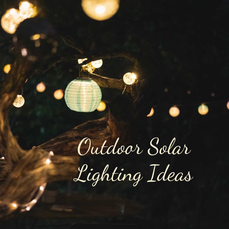Round lights in trees lit up at night with words Outdoor Solar Lighting Ideas.