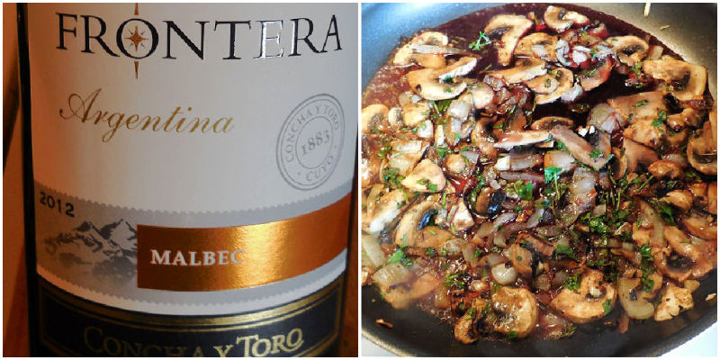 A collage with a bottle of Merlot wine on the left and sauce with mushrooms, onions and wine on the right side.
