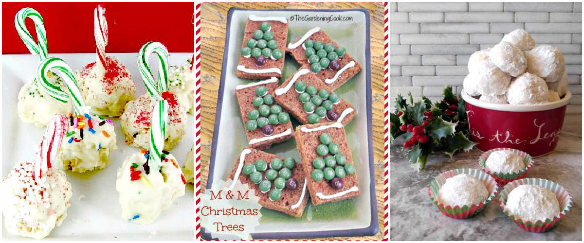 A collate with pictures of peppermint stick cookies, bar cookies with MMs, and lemon snowball Christmas cookies.