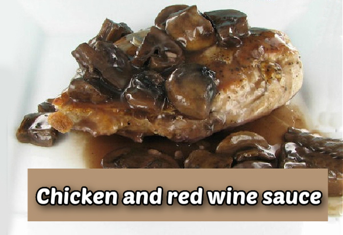 Chicken breasts and sliced mushrooms on a white plate with a rich sauce. Tan text box reads Chicken and red wine sauce.