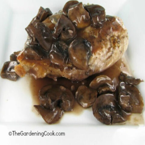 Chicken breasts with sliced mushrooms covered with a red wine sauce on a white plate.