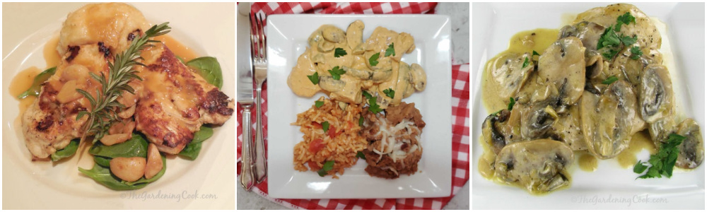 A collage showing three different images with recipes of chicken and mushrooms.