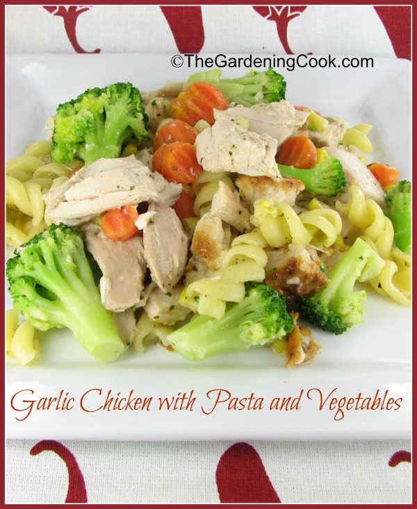 Creamy Garlic Chicken with pasta and vegetables.