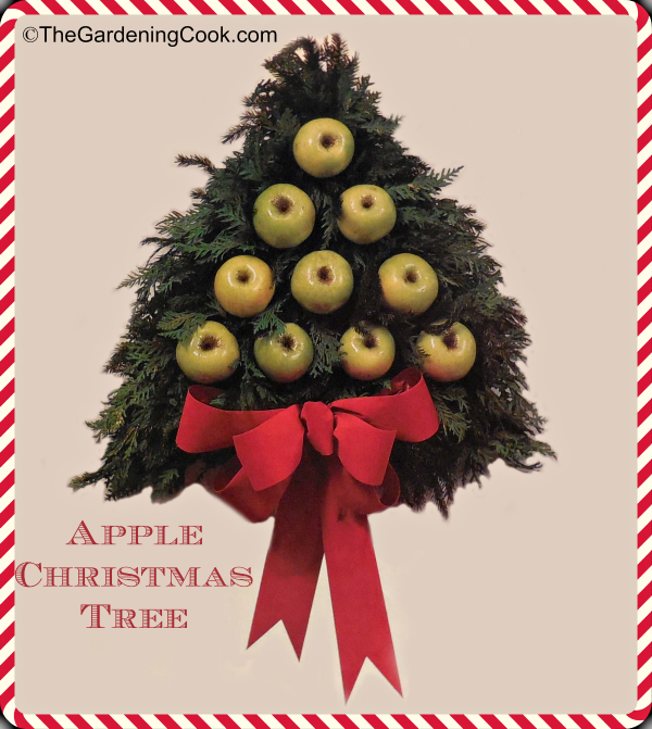 Apple wreath in the shape of a Christmas tree with words Apple Christmas Tree.