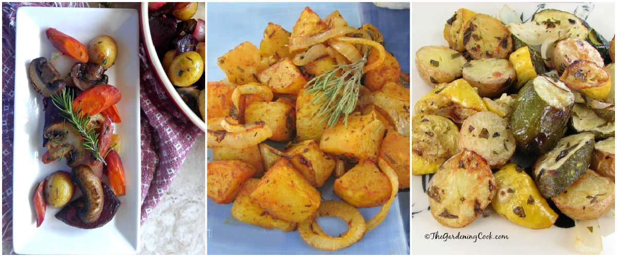 A collage with images of three different roasted vegetable side dish recipes.