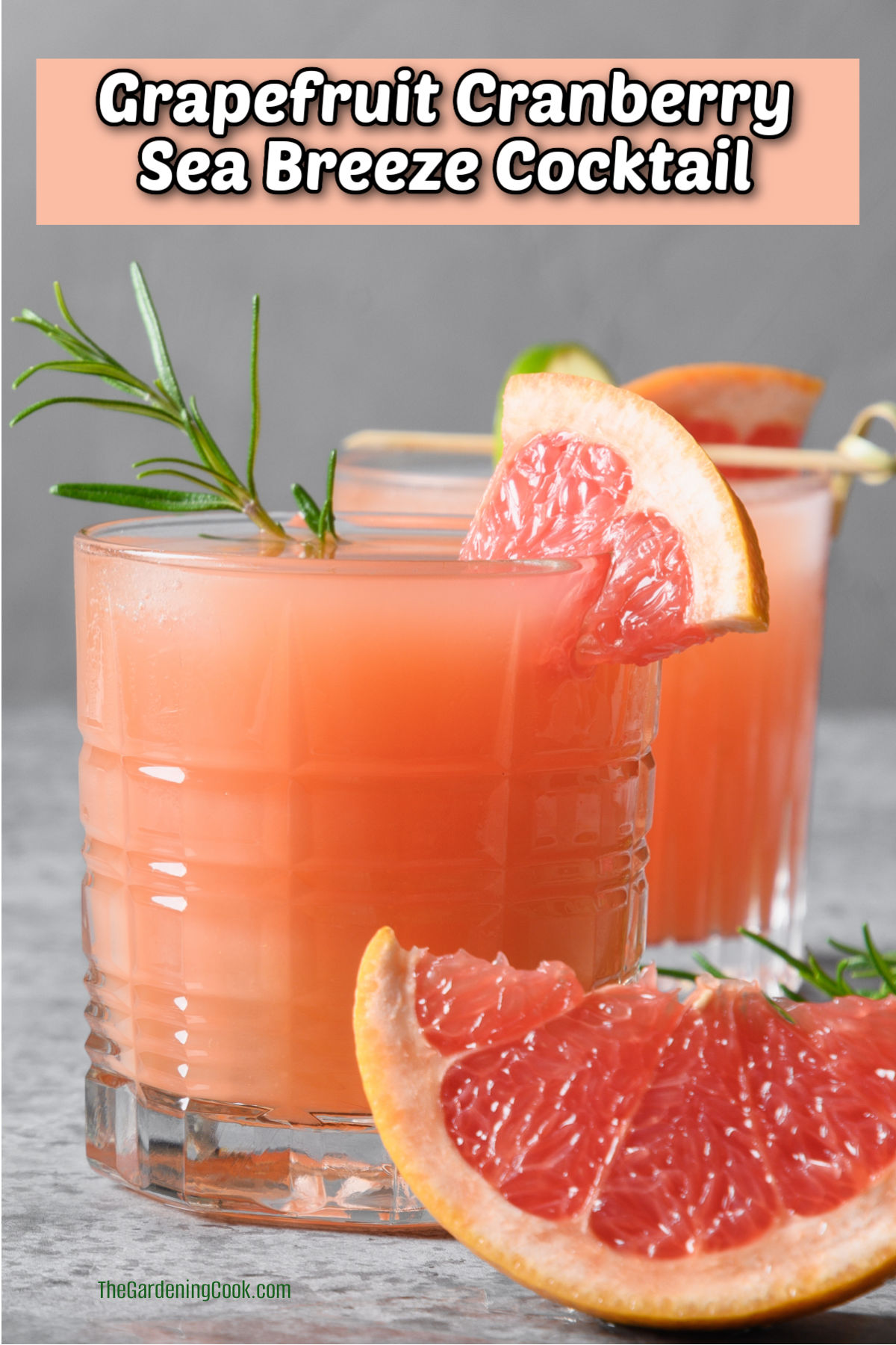 Grapefruit Cranberry Sea Breeze Cocktail Two grapefruit cranberry Sea Breeze cocktails in rocks glasses.