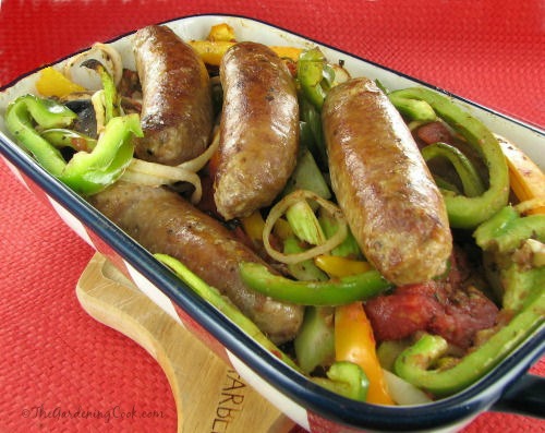 Oven baked Italian sausages and peppers