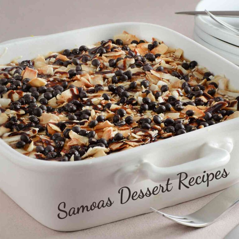 Samoas bars in a white tray with words Samoas dessert recipes in text.