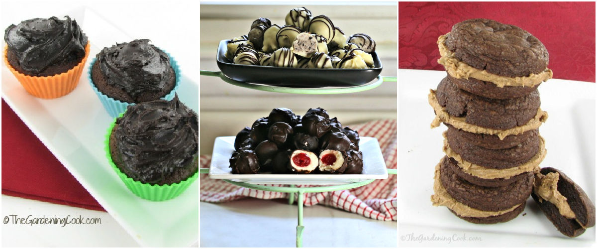 More chocolate recipes to try Chocolate cupcakes, chocolate cherry cordials and chocolate whoopie pies in a collage.
