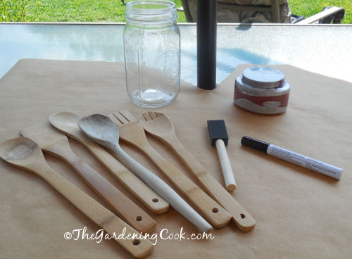 Supplies for my DIY wooden spoon herb plant markers.