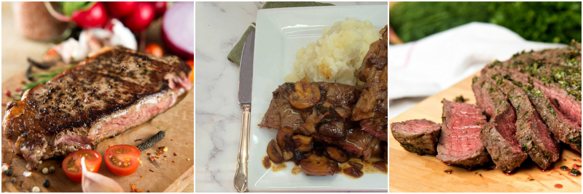 Three pictures of grilled steak recipes in a collage.