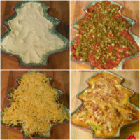 A collage with pictures showing how to make Mexican dip with cream cheese, chili and cheddar cheese.