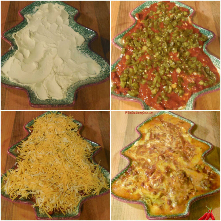 A collage with pictures showing how to make Mexican dip with cream cheese, chili and cheddar cheese.