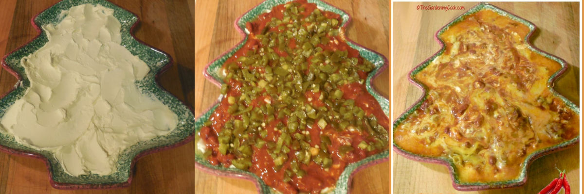 A collage with pictures showing how to make Mexican dip with cream cheese, chili and Mexican cheese.