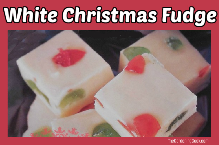 White chocolate fudge with red and green cherries. White text on pink background reads White Christmas Fudge.