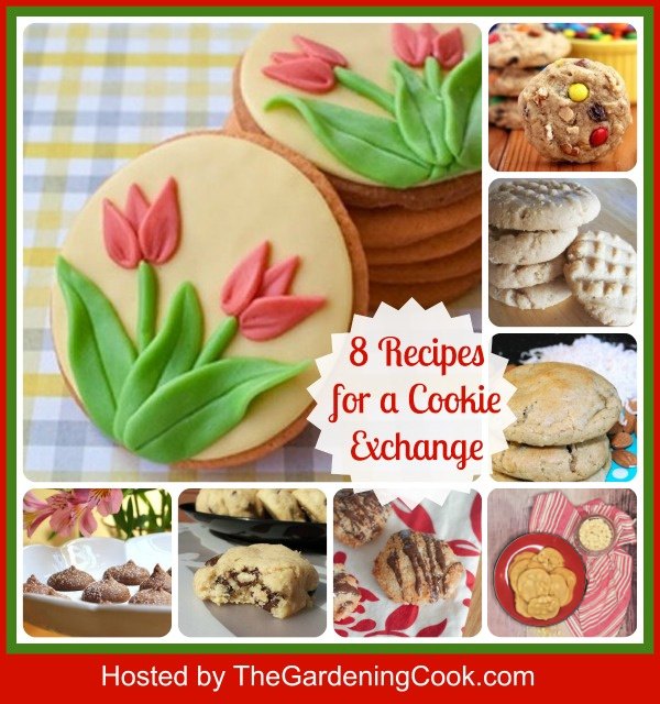 Cookie recipes collage A collage of eight recipes for a cookie exchange with a text overlay in red lettering on top of it.