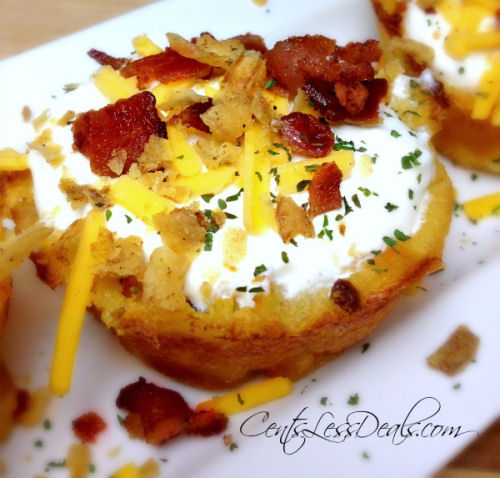 Loaded mashed potato cups baked in a muffin tin from centslessdeals.com