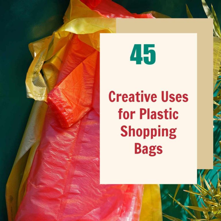 Plastic shopping bags with text reading 45 creative uses for plastic shopping bags.
