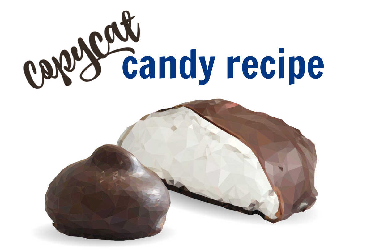 Coconut and almonds dipped in chocolate with words Copycat candy recipe.