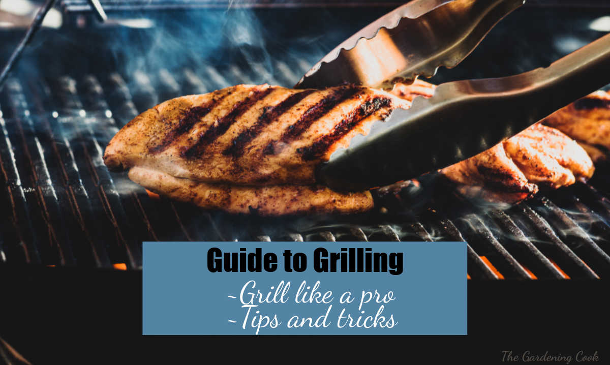 Tongs holding chicken on a grill and words Guide to Grilling.