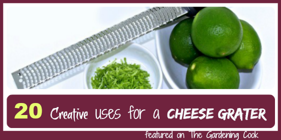 A bowl of limes and lime zest with a microplane. Red text reads 20 Surprising uses for a cheese grater