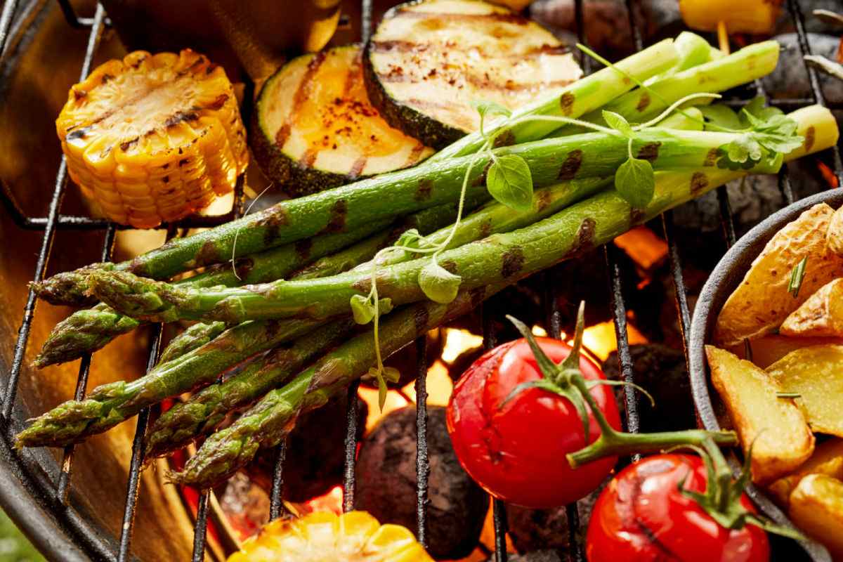 Grilled vegetables on a barbecue.