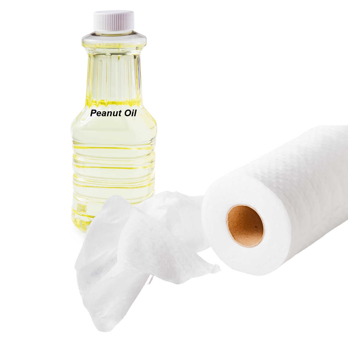 Bottle of peanut oil and roll of paper towels.
