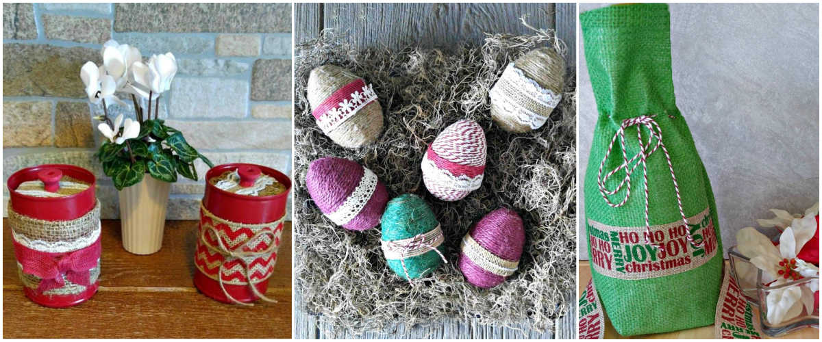 A collage with images of tea bag jars, Easter eggs and a Christmas bottle holder all made from burlap.
