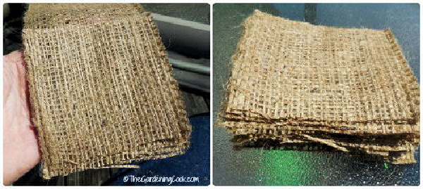 A collage showing a hand holding burlap pieces and a pile of burlap squares.