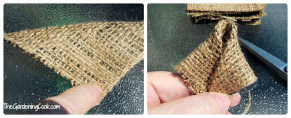 A collage with pictures of a hand folding brown burlap and making petals for a burlap DIY wreath.