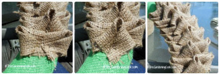 A collage showing how to make and place burlap petals on a green wreath form.