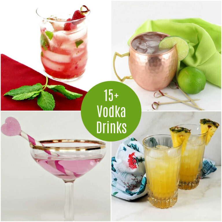 A collage with a Raspberry Ritz cocktail, a Moscow Mule, a Love Potion Cocktail and a Cuban Breeze drink. Green text reads 15+ vodka cocktails.