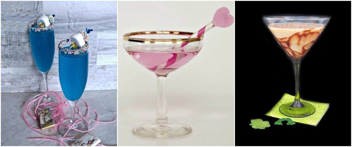Easter Midnight Kiss cocktail, Love Potion cocktail, and International Incident vodka cocktail in a collage.