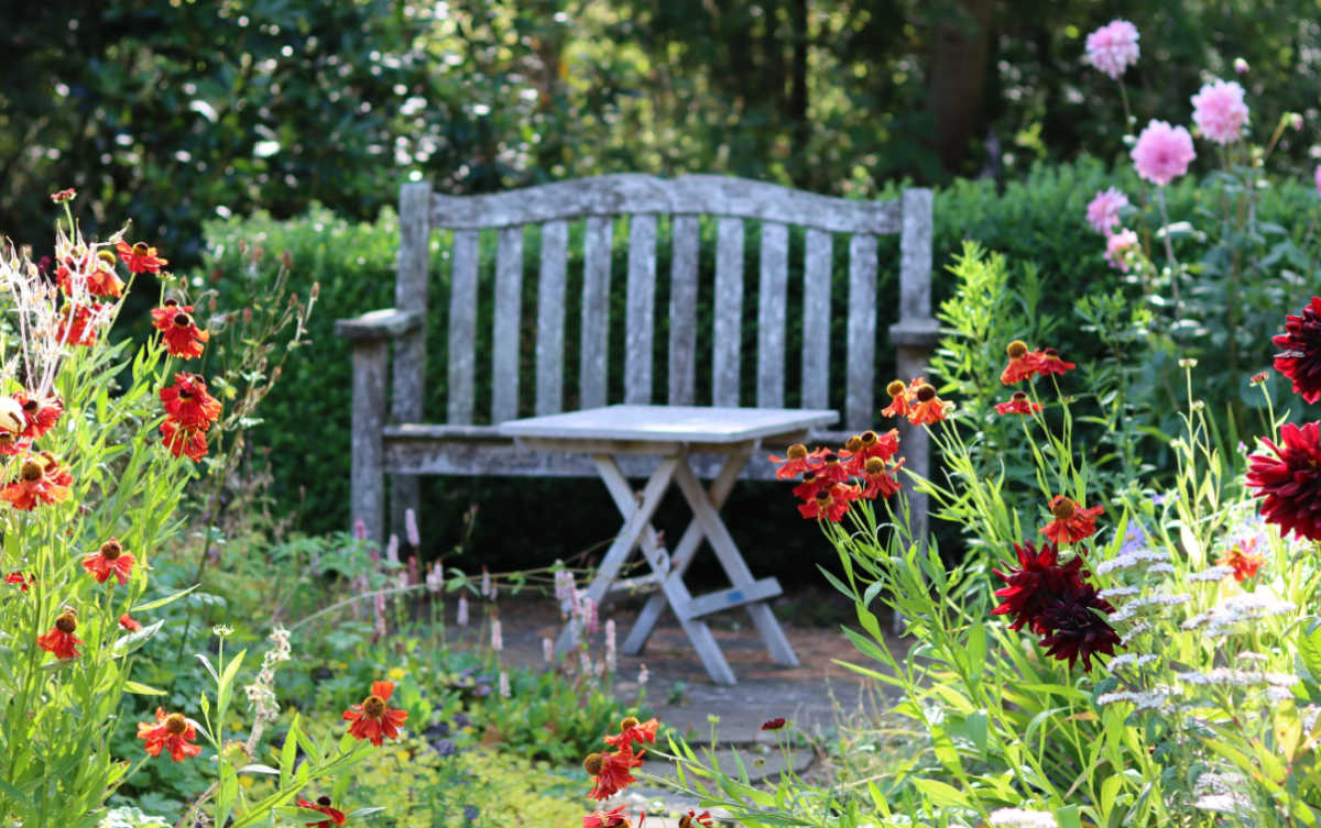 A wooden bench and table in a cottage garden with flowers.