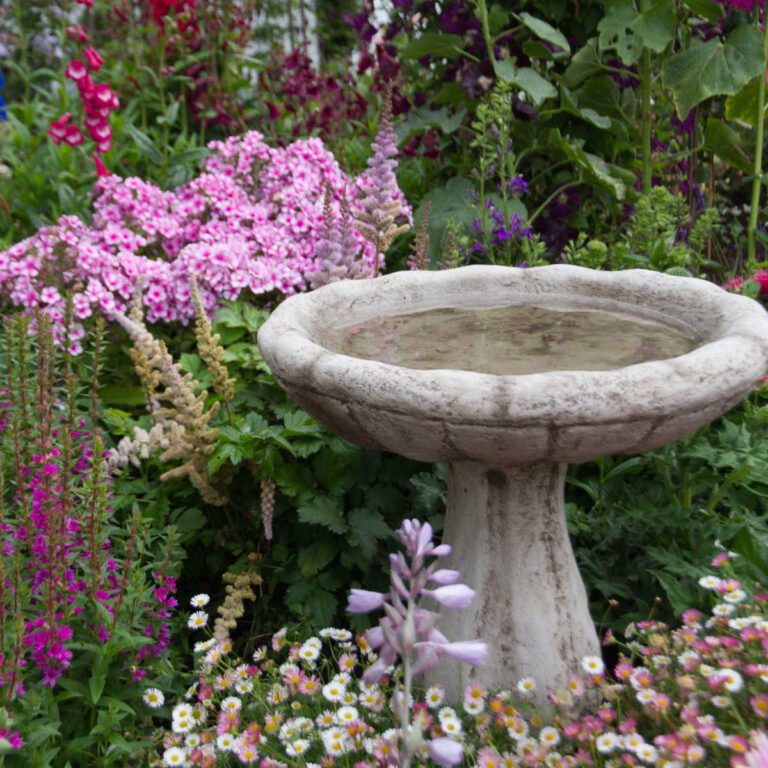 A birdbath sitting in the center of a cottage garden.