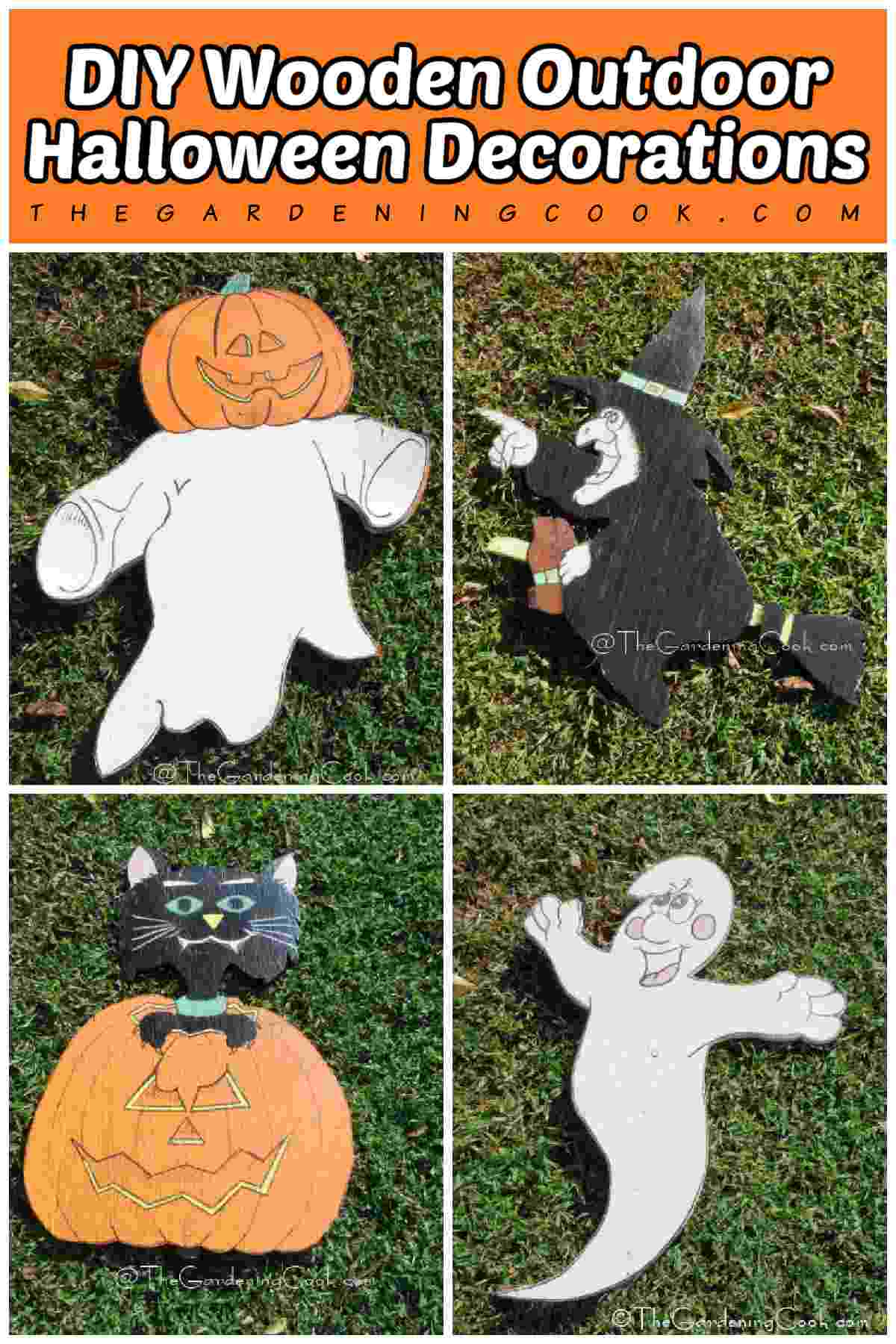 A collage of four Halloween wooden decorations (pumpkin ghost, witch, cat in pumpkin and ghost) with a text overlay at the top that says DIY wooden outdoor Halloween decorations.