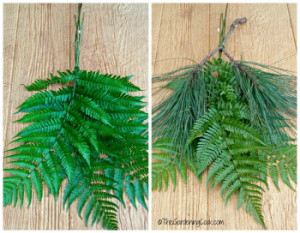 Tying fern leaves to pine branches.