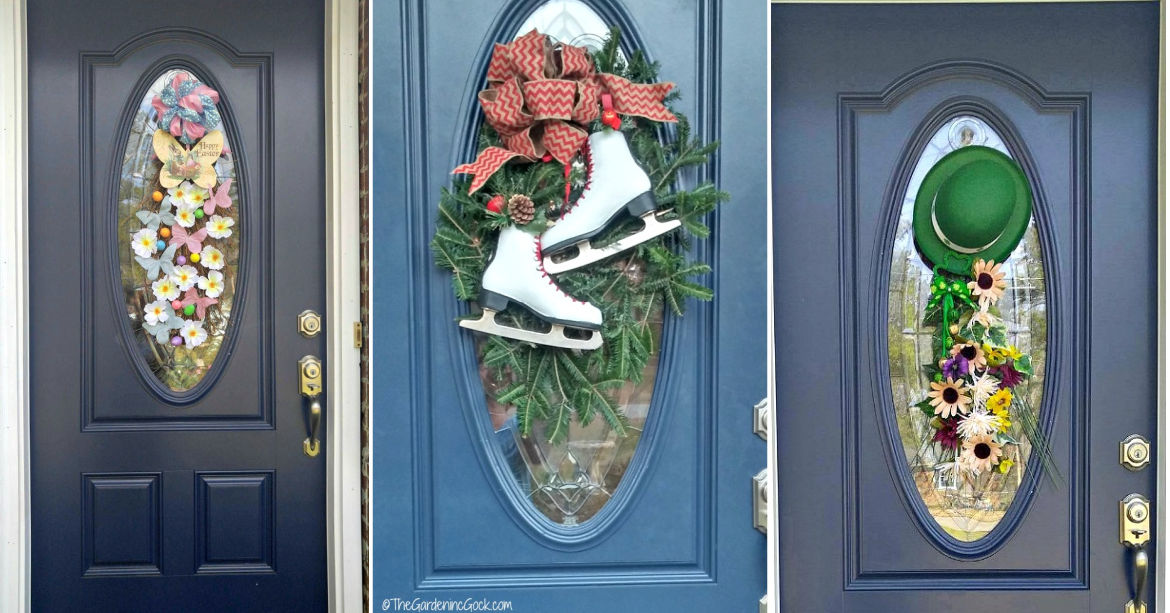 Three different door swags on a blue door - Easter, ice skates and St. Patrick's Day.